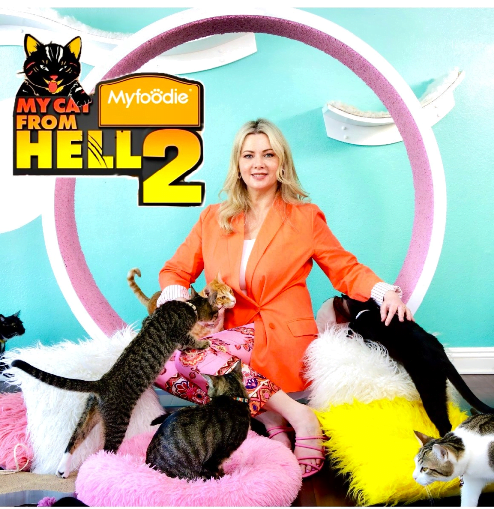 Mieshelle seated with many cats for My Cat from Hell 2 TV show advertisement | Mieshelle Nagelschneider | Cat Behaviorist | thecatbehaviorclinic.com
